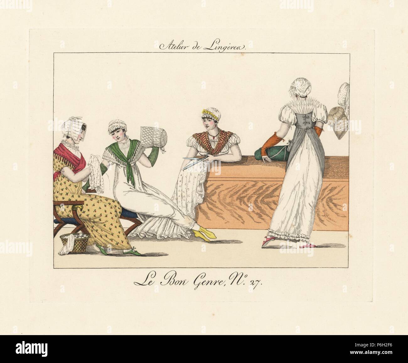 Fabric shop workers. Women in muslin dresses, bonnets and shawls embroidering, sewing, cutting cloth and wrapping bolts of fabric. 'If ever coquetry were lost by women, one would find it again at the ladies counter.' Handcoloured engraving from Pierre de la Mesangere's Le Bon Genre, Paris, 1817. Stock Photo