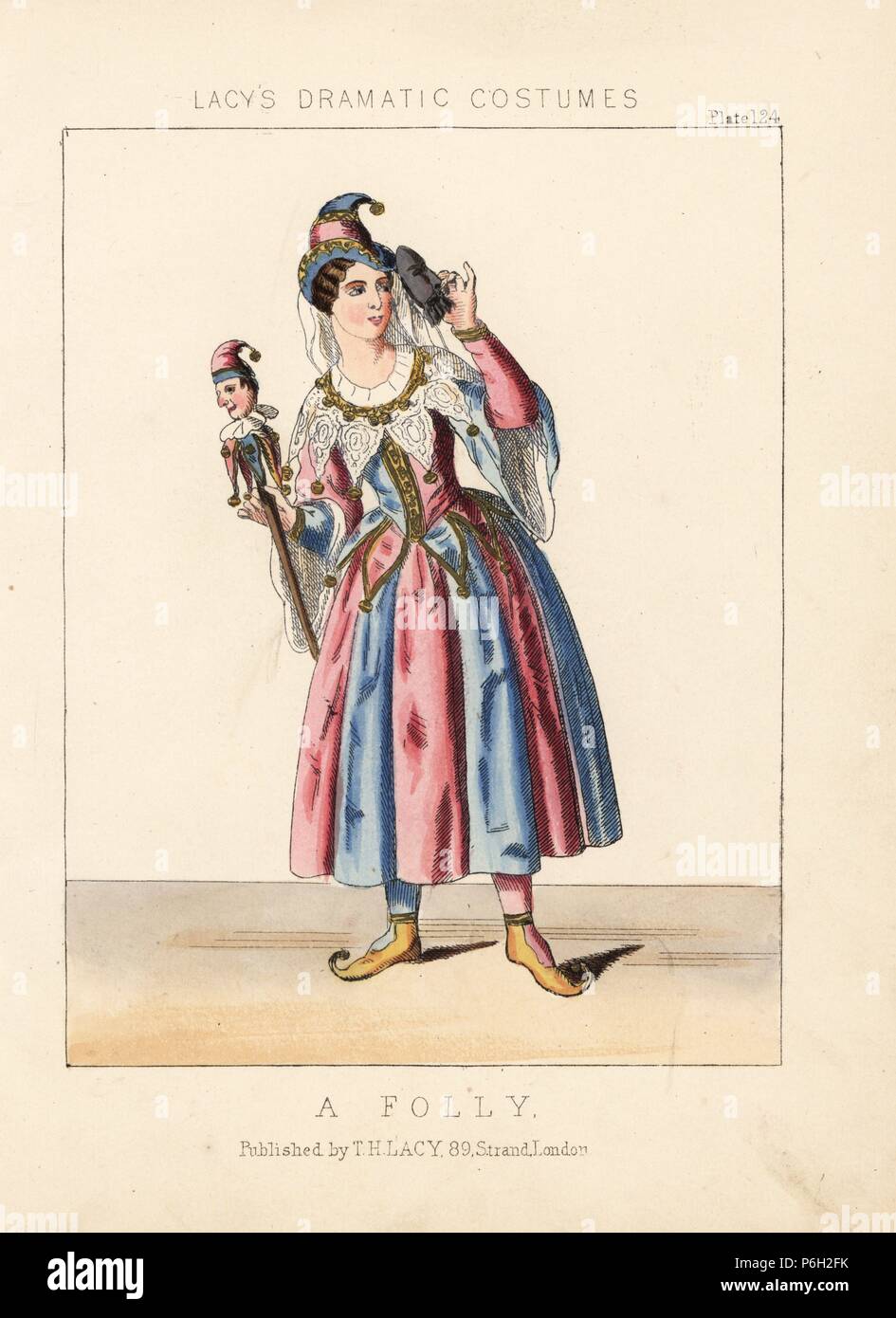 Woman in costume as a folly or fool, 19th century. She wears a hat and veil, dress of motley and lace, pointed shoes, and holds a mask and marotte (sceptre with head). Handcoloured lithograph from Thomas Hailes Lacy's 'Female Costumes Historical, National and Dramatic in 200 Plates,' London, 1865. Lacy (1809-1873) was a British actor, playwright, theatrical manager and publisher. Stock Photo