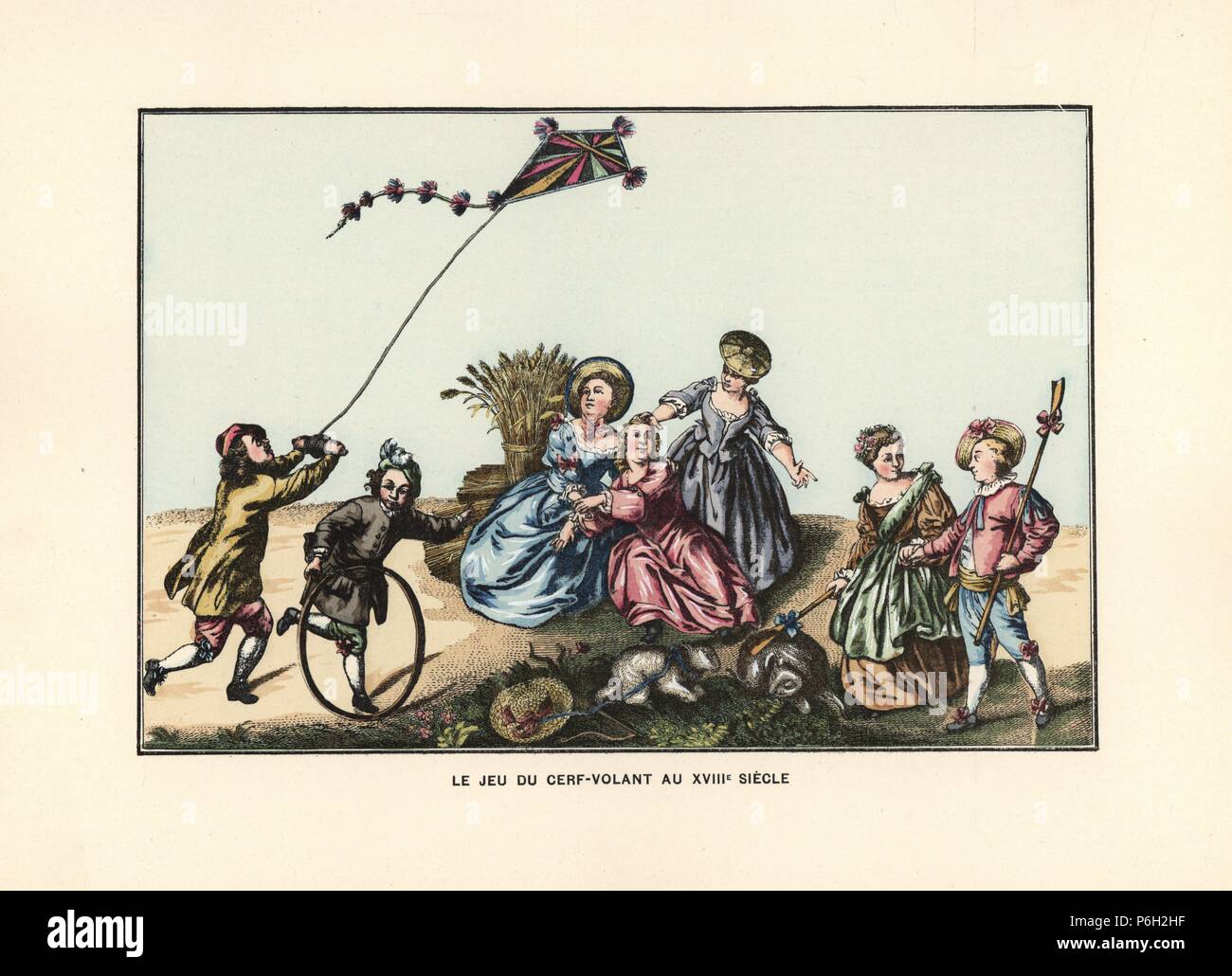 Children flying a kite, rolling hoops, and playing at shepherd and shepherdess, 18th century. Handcoloured lithograph from Henry Rene Allemagne's Sports and Games of Skill (Sports et Jeux d'Adresse), Librairie Hachette, Paris, 1903. Stock Photo