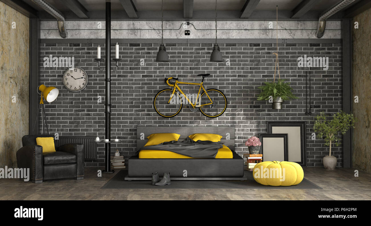 Black And Yellow Master Bedroom In A Loft With Double Bed