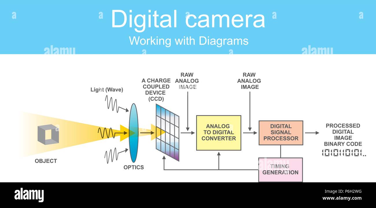 Digital single-lens reflex camera is a digital camera that combines the optics with a digital imaging sensor, as opposed to photographic film. Stock Vector