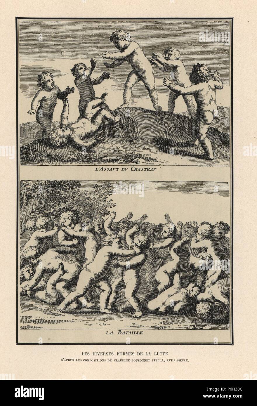 Boys playing king of the castle (assaut du chasteau) and battle (bataille), after an engraving by Claudine Bouzonnet Stella, 17th century. Lithograph from Henry Rene Allemagne's Sports and Games of Skill (Sports et Jeux d'Adresse), Librairie Hachette, Paris, 1903. Stock Photo