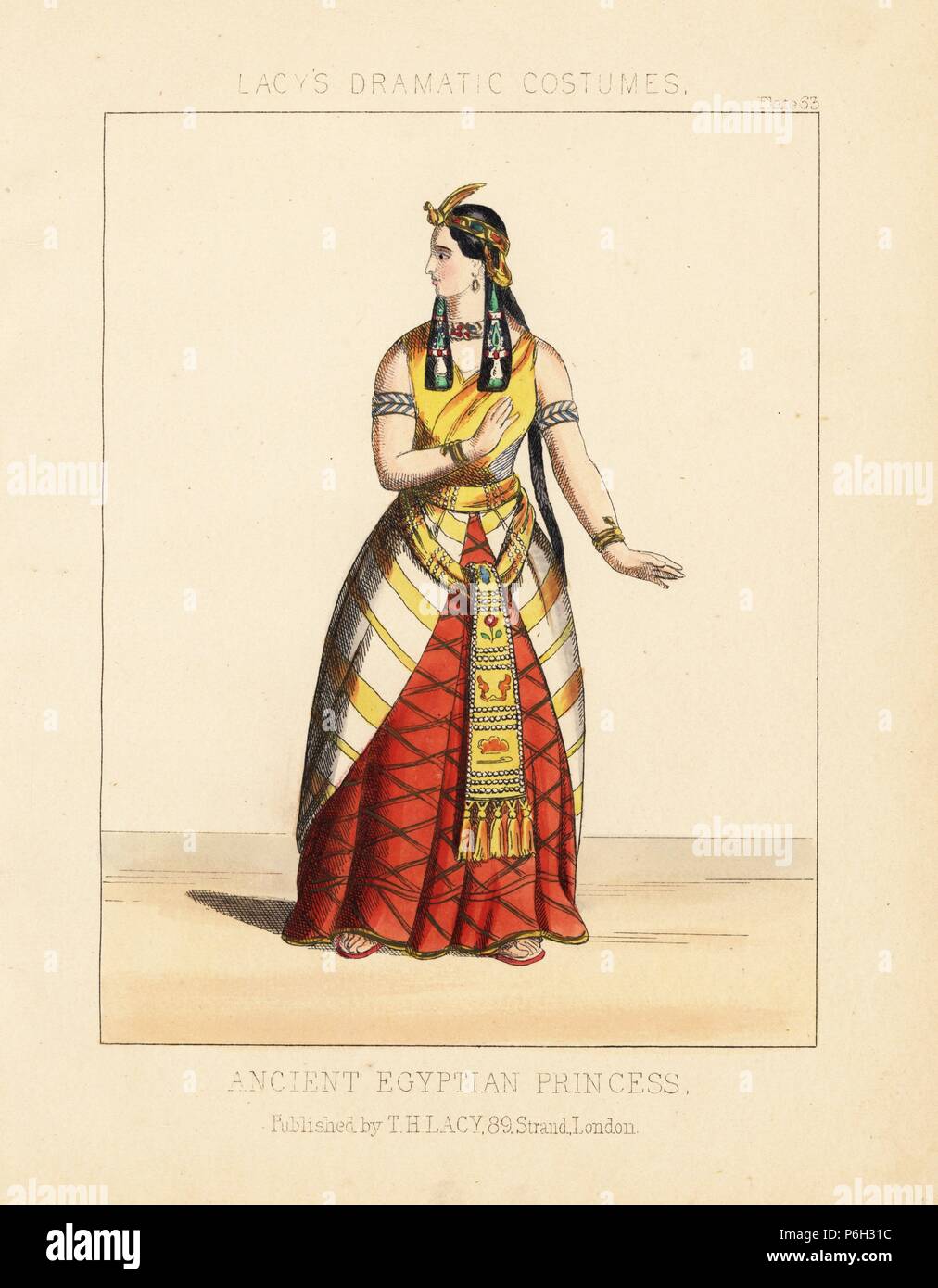 Costume of an ancient Egyptian princess, 19th century. Handcoloured lithograph from Thomas Hailes Lacy's 'Female Costumes Historical, National and Dramatic in 200 Plates,' London, 1865. Lacy (1809-1873) was a British actor, playwright, theatrical manager and publisher. Stock Photo