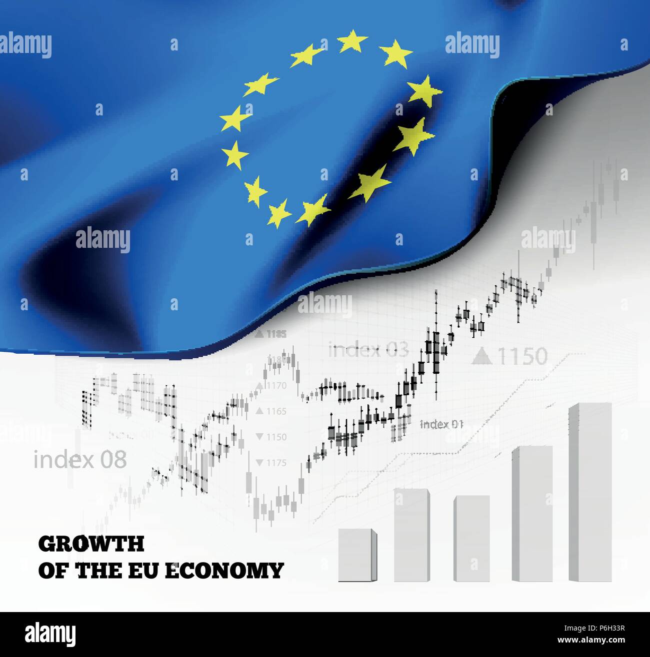 EU economics illustration with the european union flag and business chart, bar chart stock numbers bull market, uptrend line graph symbolizes the growth Stock Vector