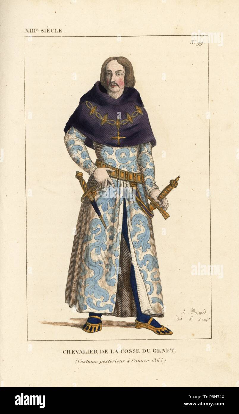 Knight of the Order of the Broom-Pod (Cosse du Genet), 13th century. He wears the necklace of broom-pods, fleurs de lys and a cross, a violet chaperon or hood, long white damask coat of arms, gold belt, sword and dagger, blue stockings and gold shoes. The order was created by King Louis IX on his wedding to Margeret of Provence in 1234. Handcoloured copperplate drawn and engraved by Leopold Massard from 'French Costumes from King Clovis to Our Days,' Massard, Mifliez, Paris, 1834. Stock Photo