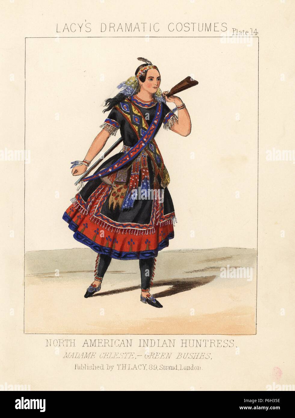 French actress and dancer Celine Celeste as the Native American huntress Miami in John Baldwin Buckstone 'The Green Bushes,' 1845. Handcoloured lithograph from Thomas Hailes Lacy's 'Female Costumes Historical, National and Dramatic in 200 Plates,' London, 1865. Lacy (1809-1873) was a British actor, playwright, theatrical manager and publisher. Stock Photo