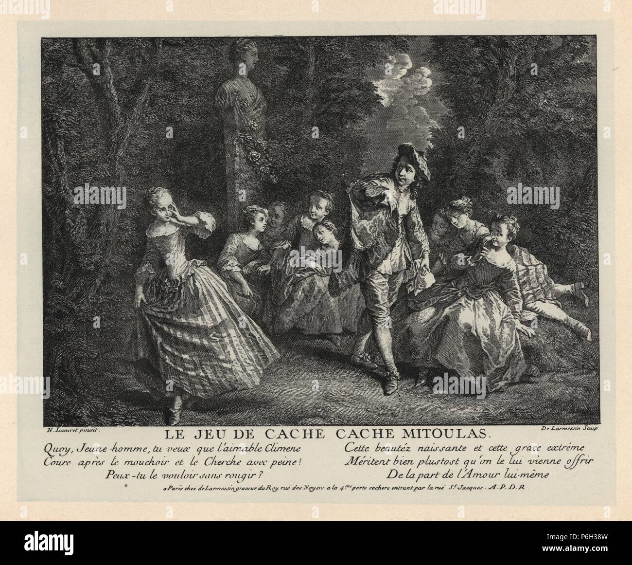 Young man playing cache cache mitoulas with a group of girls in a garden, after a painting by Nicolas Lancret. In this game, the player must guess which person is hiding a particular object (kerchief) at a certain time. Lithograph from Henry Rene Allemagne's Sports and Games of Skill (Sports et Jeux d'Adresse), Librairie Hachette, Paris, 1903. Stock Photo