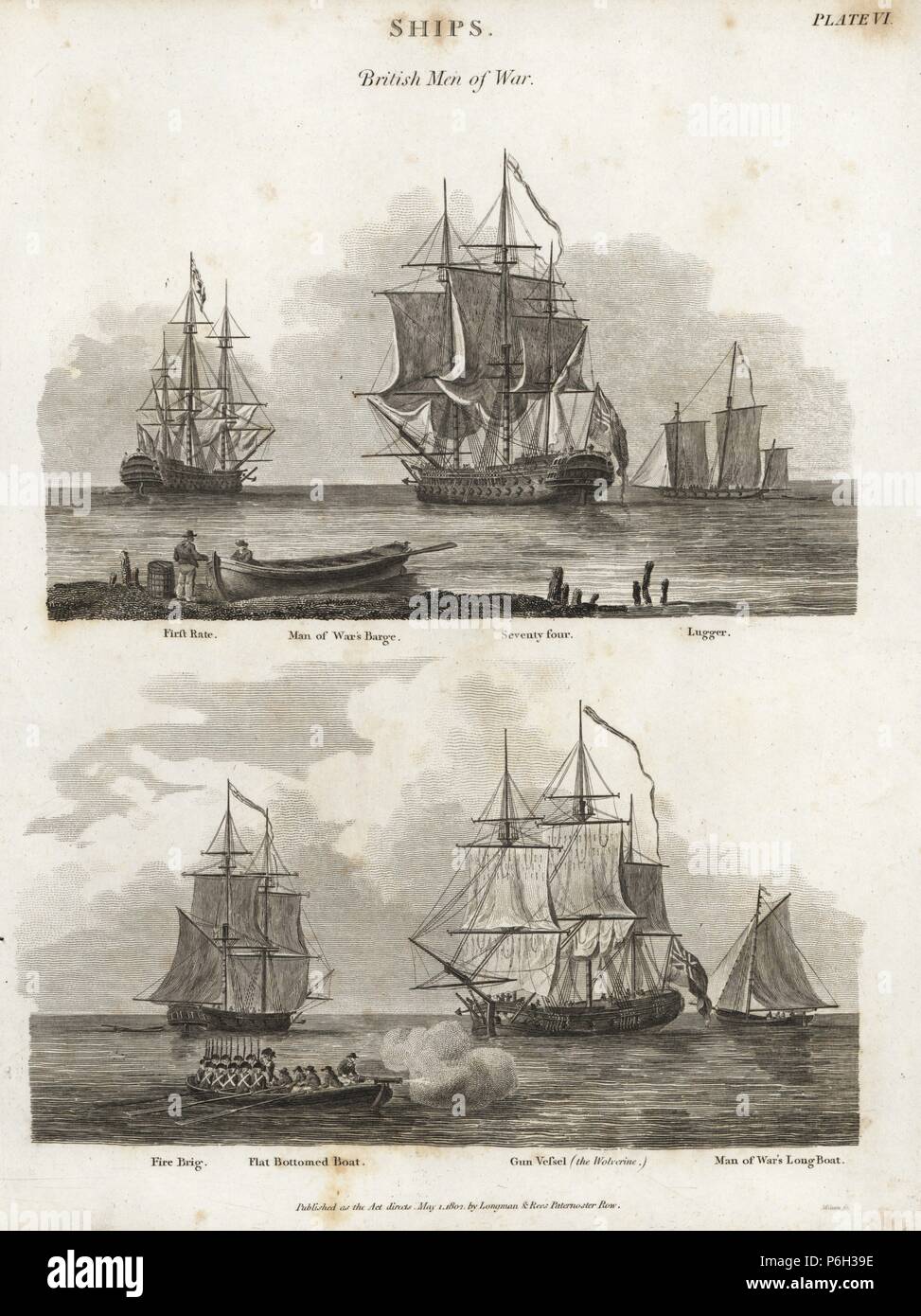 British Men of War, 18th century: first rate, man of war's barge, seventy four (74 guns) and lugger (top), fire brig, flat-bottomed boat, gun vessel (The Wolverine) and man of war's long boat (below). Copperplate engraving by Wilson Lowry after an illustration by J. Farey from Abraham Rees' 'Cyclopedia or Universal Dictionary,' London, 1802. Stock Photo