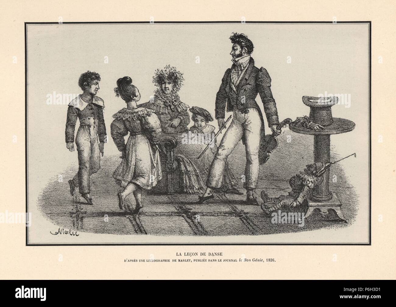 Children dancing in front of a dance master holding a violin and bow. From the dance lesson by Jean-Henri Marlet in le Bon Genie, 1826. Lithograph from Henry Rene Allemagne's Sports and Games of Skill (Sports et Jeux d'Adresse), Librairie Hachette, Paris, 1903. Stock Photo