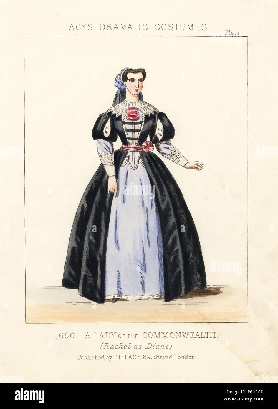 French classical actress Mademoiselle Rachel or Elisabeth Rachel Felix as Diane, a lady of the commonwealth, 1650. Handcoloured lithograph from Thomas Hailes Lacy's 'Female Costumes Historical, National and Dramatic in 200 Plates,' London, 1865. Lacy (1809-1873) was a British actor, playwright, theatrical manager and publisher. Stock Photo