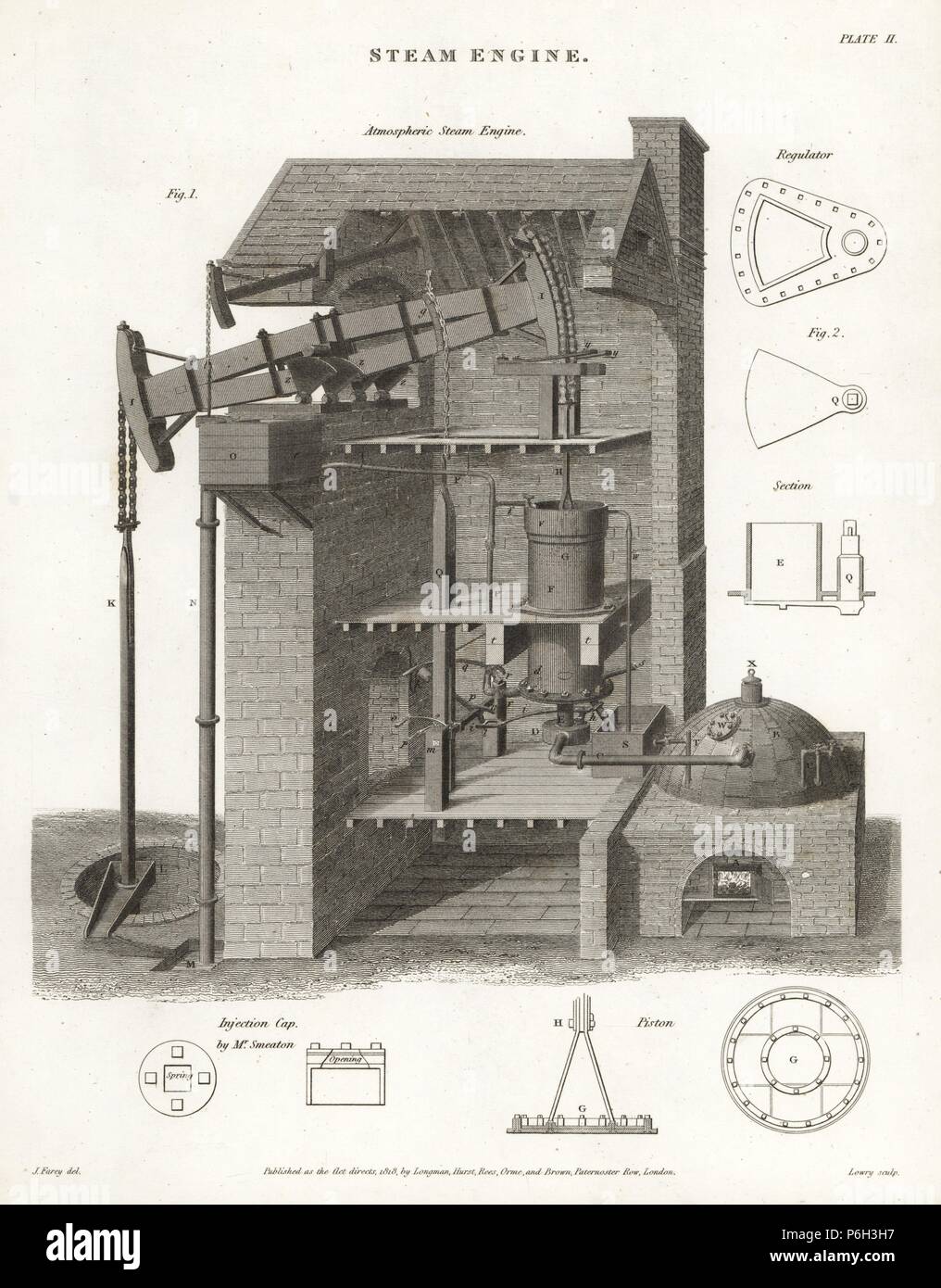 Atmospheric steam engine, elevation, 19th century. With Mr. John Smeaton's injection cap. Copperplate engraving by Wilson Lowry after an Illustration by J. Farey from Abraham Rees' 'Cyclopedia or Universal Dictionary,' London, 1818. Stock Photo
