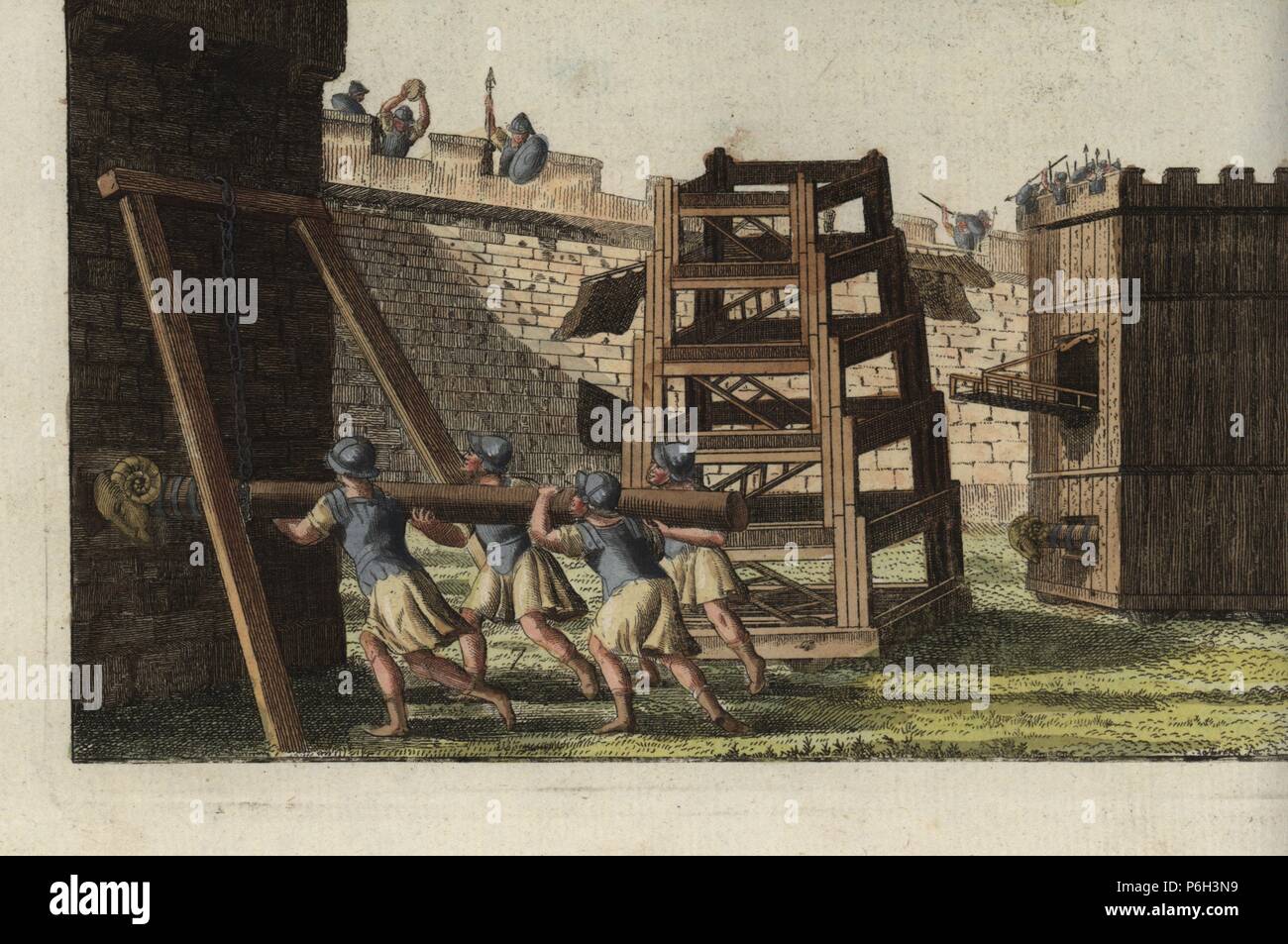 Roman siege engines: siege tower or the Taker of Cities, Helepolis 5, five-storey tower Sambucae 6, and battering ram on chains Aries 7. Handcoloured copperplate engraving from Friedrich Johann Bertuch's Bilderbuch fur Kinder (Picture Book for Children), Weimar, 1795. Stock Photo