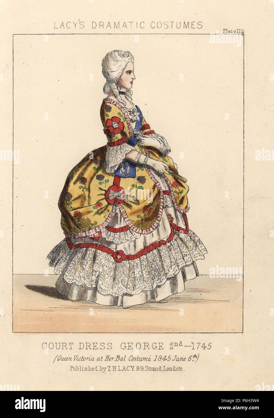 Queen Victoria in 18th century court dress at her Georgian Ball (Bal Costume), June 6th 1845. Handcoloured lithograph from Thomas Hailes Lacy's 'Female Costumes Historical, National and Dramatic in 200 Plates,' London, 1865. Lacy (1809-1873) was a British actor, playwright, theatrical manager and publisher. Stock Photo