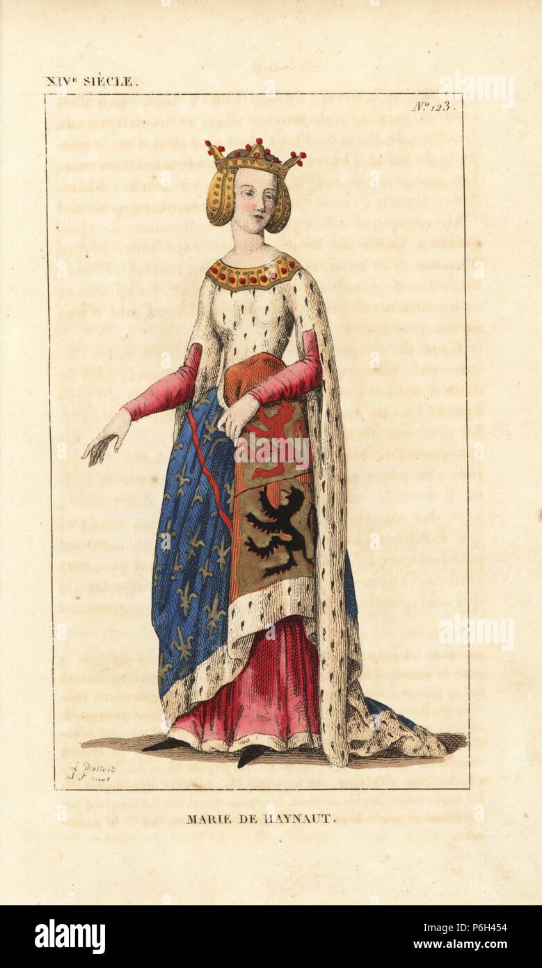 Marie de Hainaut, Mary of Avesnes, wife of Louis I, Duke of Bourbon, 1280-1354. She wears a crown with ear pieces, a rich robe with ermine bodice and sleeves and coat of arms skirt (her husband's blazon with lions of Holland and Flandres), over a red velvet dress. From an ancient armorial of Auvergne in the collection of Gaignieres. Handcoloured copperplate drawn and engraved by Leopold Massard from 'French Costumes from King Clovis to Our Days,' Massard, Mifliez, Paris, 1834. Stock Photo