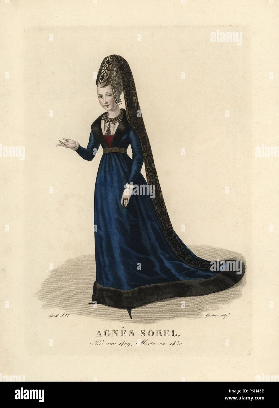 Agnes Sorel, mistress of King Charles VII of France, c.1409-1450. Handcoloured copperplate engraving by Gatine after an illustration by Louis Marie Lante from Pierre de la Mesangere's 'Costumes des femmes celebres' (Costumes of Famous Women), Paris, 1827. Stock Photo