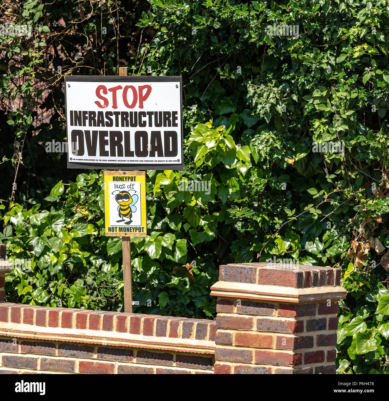 Protest placards against greenbelt development by local residents over the proposed building of 250 homes on a greenbelt site in Brentwood, Essex Stock Photo