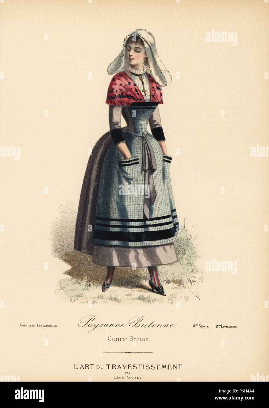Fancy dress costume for a Brittany peasant girl, with linen bonnet, flowery  shawl, silk apron with velvet trim, lilac dress. Handcoloured lithograph  after a design by Leon Sault from "L'Art du Travestissement" (