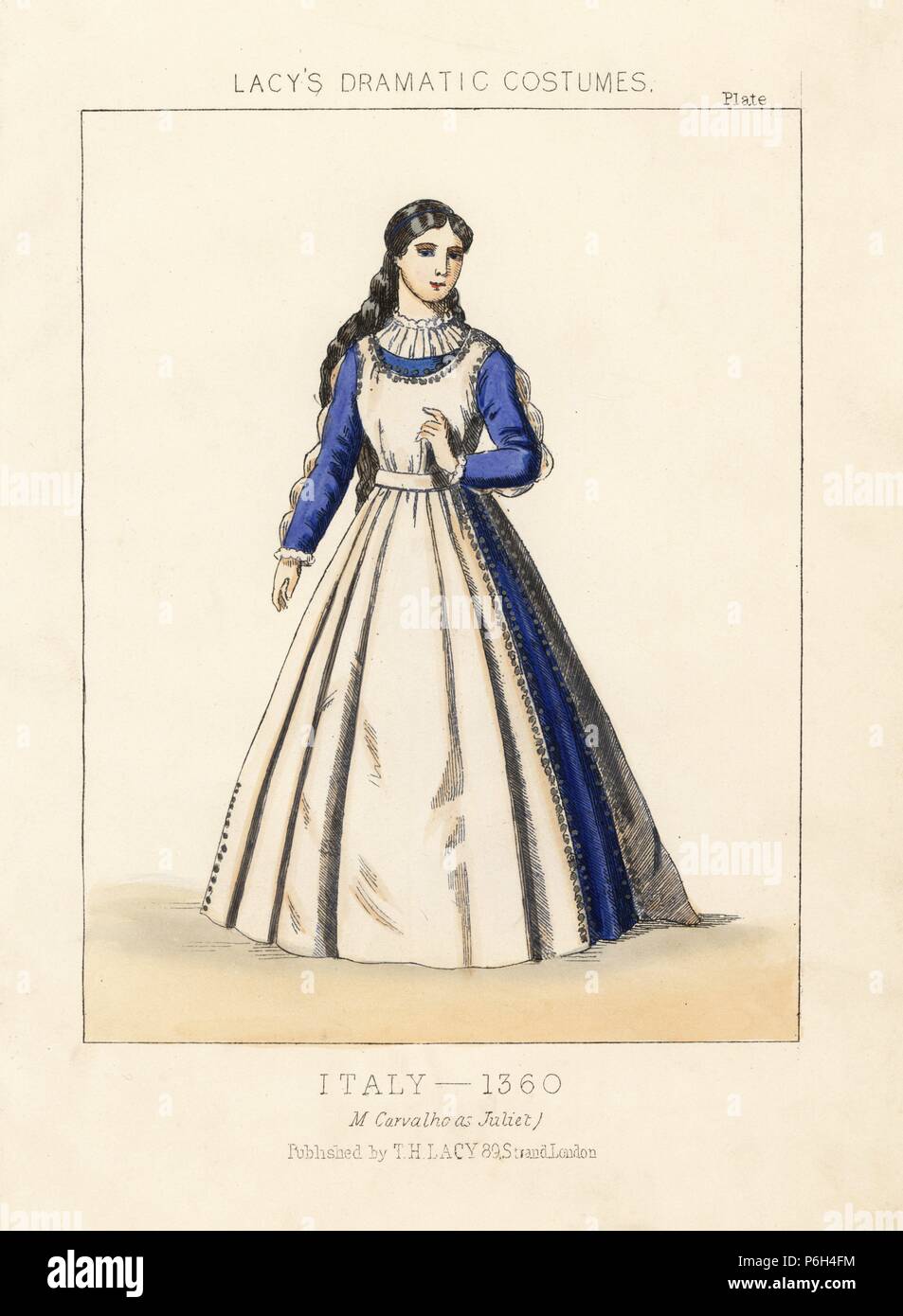 French soprano Marie Caroline Miolan-Carvalho as Juliet in Charles Gounod's 'Romeo and Juliet,' 1867, in the female costume of Italy, 1360. Handcoloured lithograph from Thomas Hailes Lacy's 'Female Costumes Historical, National and Dramatic in 200 Plates,' London, 1865. Lacy (1809-1873) was a British actor, playwright, theatrical manager and publisher. Stock Photo