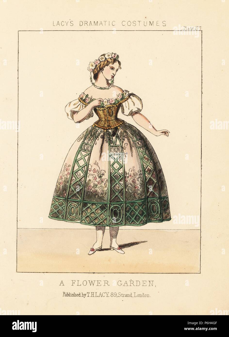 Woman in flower garden dress, fancy or theatrical costume, 19th century. She wears a garland of rose in her hair with a chain of flowers falling over her neck, a dress with a basket bodice, a skirt with printed flowers and green trellis work. Handcoloured lithograph from Thomas Hailes Lacy's 'Female Costumes Historical, National and Dramatic in 200 Plates,' London, 1865. Lacy (1809-1873) was a British actor, playwright, theatrical manager and publisher. Stock Photo