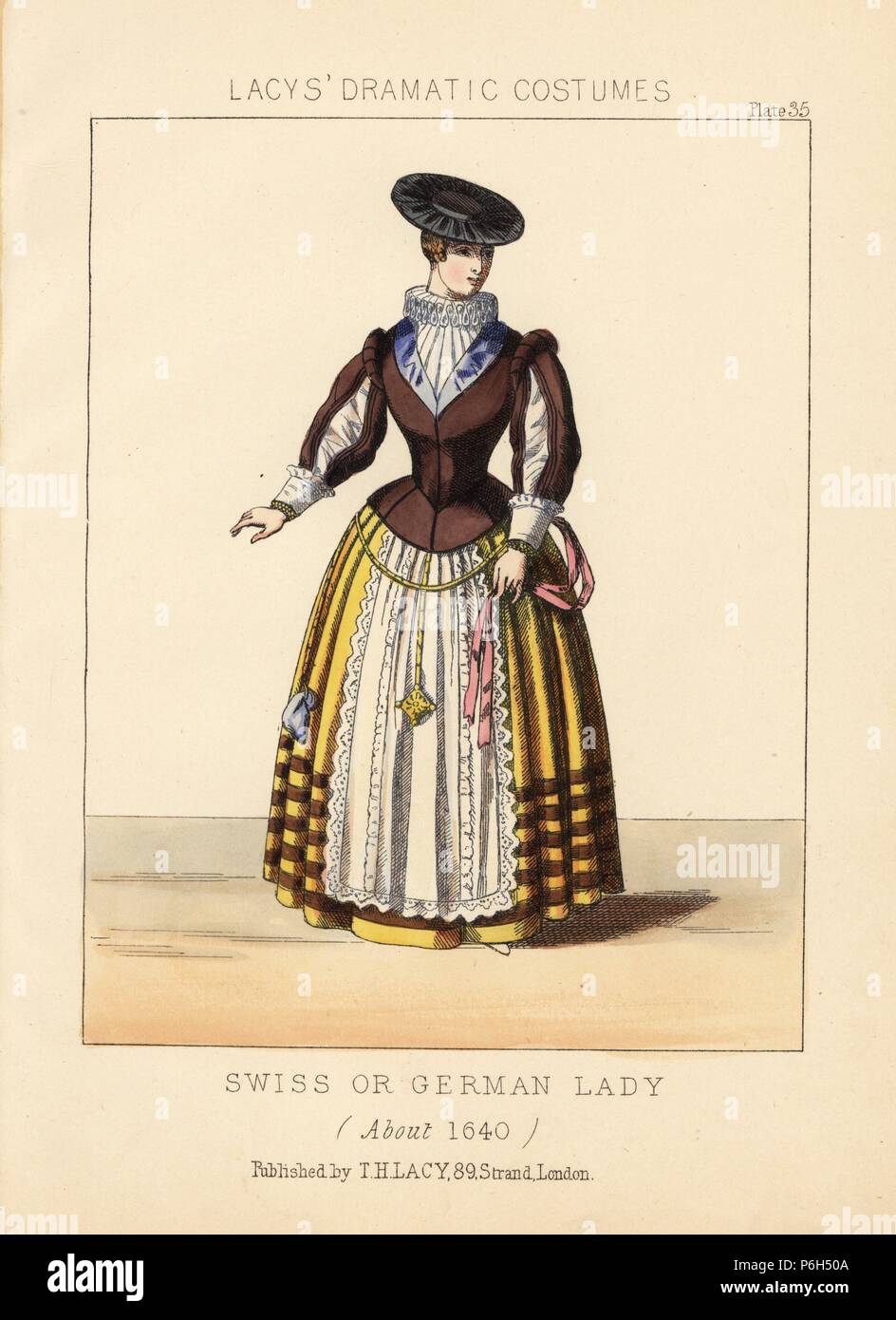 Swiss or German lady, about 1640. Handcoloured lithograph from Thomas Hailes Lacy's 'Female Costumes Historical, National and Dramatic in 200 Plates,' London, 1865. Lacy (1809-1873) was a British actor, playwright, theatrical manager and publisher. Stock Photo