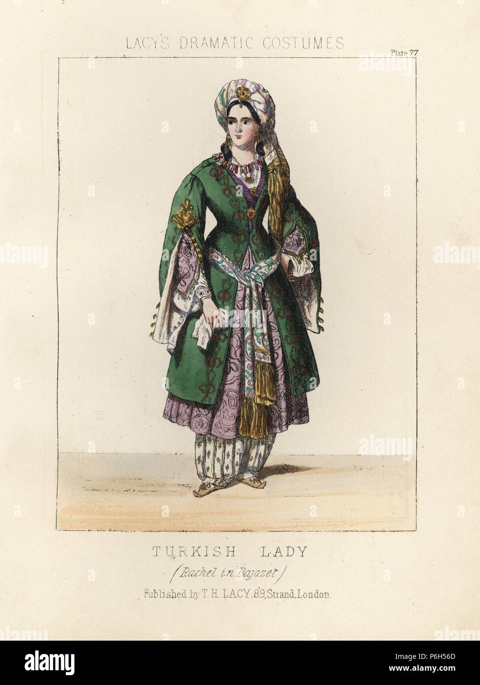 French classical actress Mademoiselle Rachel or Elisabeth Rachel Felix as Roxane, a Turkish lady, in Jean Racine's tragedy 'Bajazet,' 1838. Handcoloured lithograph from Thomas Hailes Lacy's 'Female Costumes Historical, National and Dramatic in 200 Plates,' London, 1865. Lacy (1809-1873) was a British actor, playwright, theatrical manager and publisher. Stock Photo