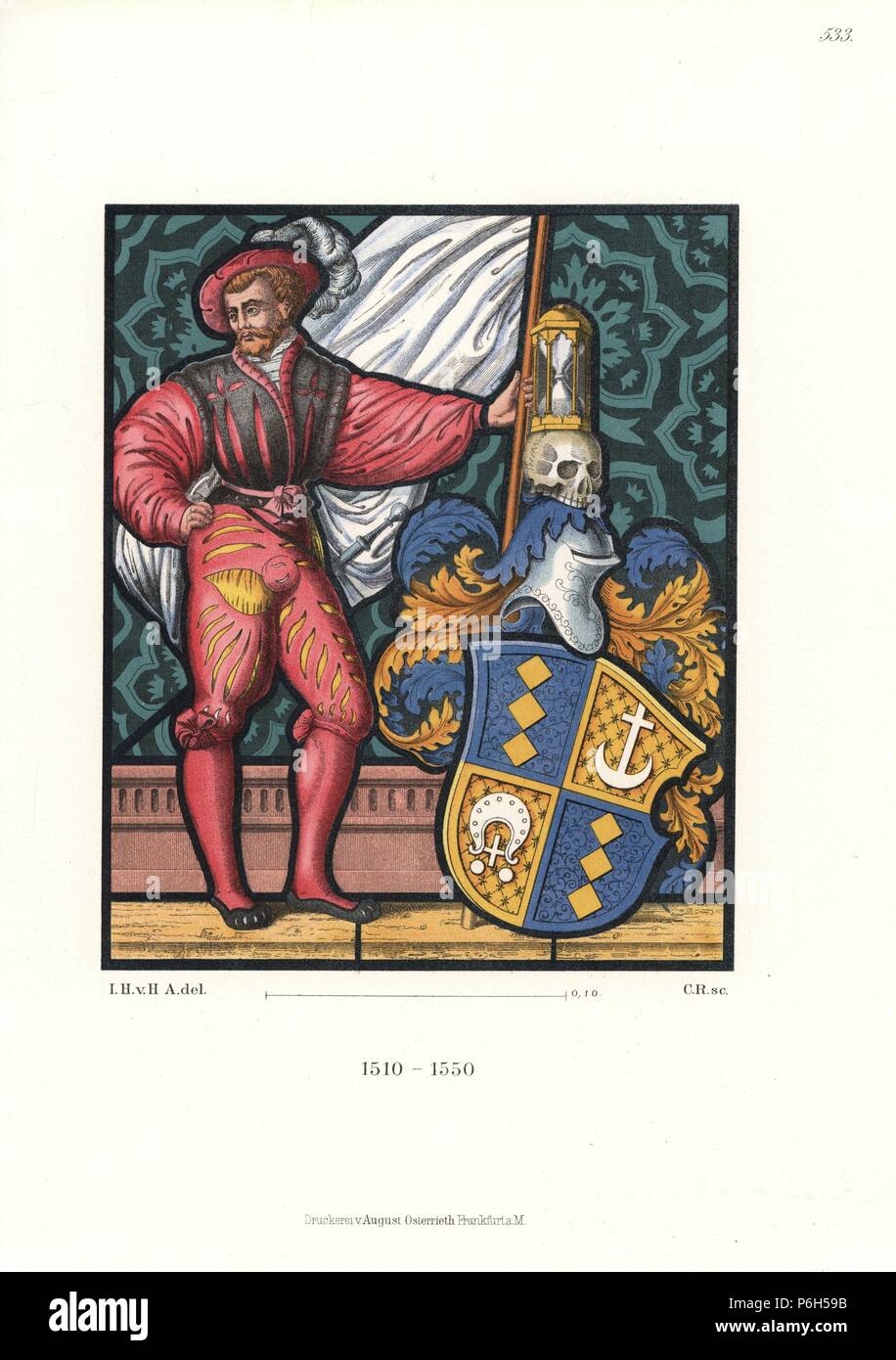 Swiss costume of a knight, Alixander Paner of Shaffhausen, with heraldic shield, helmet, hourglass and skull, 1510-1550. He wears quilted and slashed doublet and breeches, codpiece and garters. From a stained glass portrait in Nilkheim bei Aschaffenburg. Chromolithograph from Hefner-Alteneck's 'Costumes, Artworks and Appliances from the Middle Ages to the 17th Century,' Frankfurt, 1889. Illustration by Dr. Jakob Heinrich von Hefner-Alteneck, lithographed by C. Regnier. Dr. Hefner-Alteneck (1811-1903) was a German museum curator, archaeologist, art historian, illustrator and etcher. Stock Photo