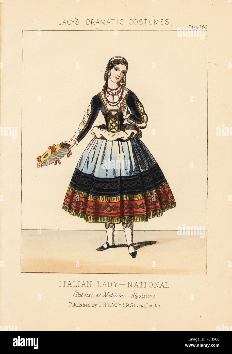 Mezzo-soprano Mlle. Emilie Duboise as Maddalena in Giuseppe Verdi's opera  "Rigoletto," as an Italian lady in national dress. Handcoloured lithograph  from Thomas Hailes Lacy's "Female Costumes Historical, National and  Dramatic in 200