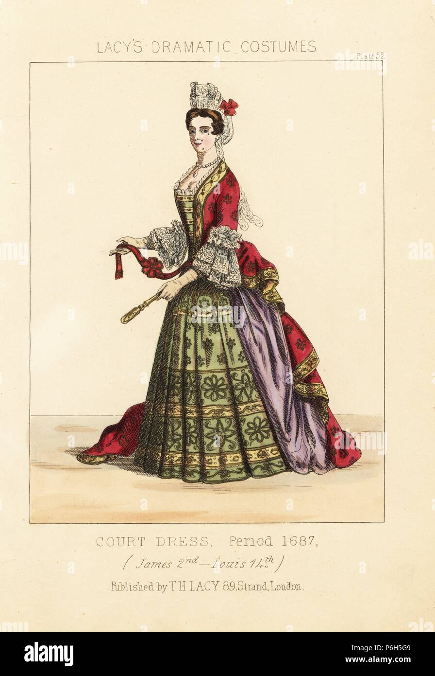 Court dress, reign of King James II, circa 1687. Handcoloured lithograph from Thomas Hailes Lacy's 'Female Costumes Historical, National and Dramatic in 200 Plates,' London, 1865. Lacy (1809-1873) was a British actor, playwright, theatrical manager and publisher. Stock Photo