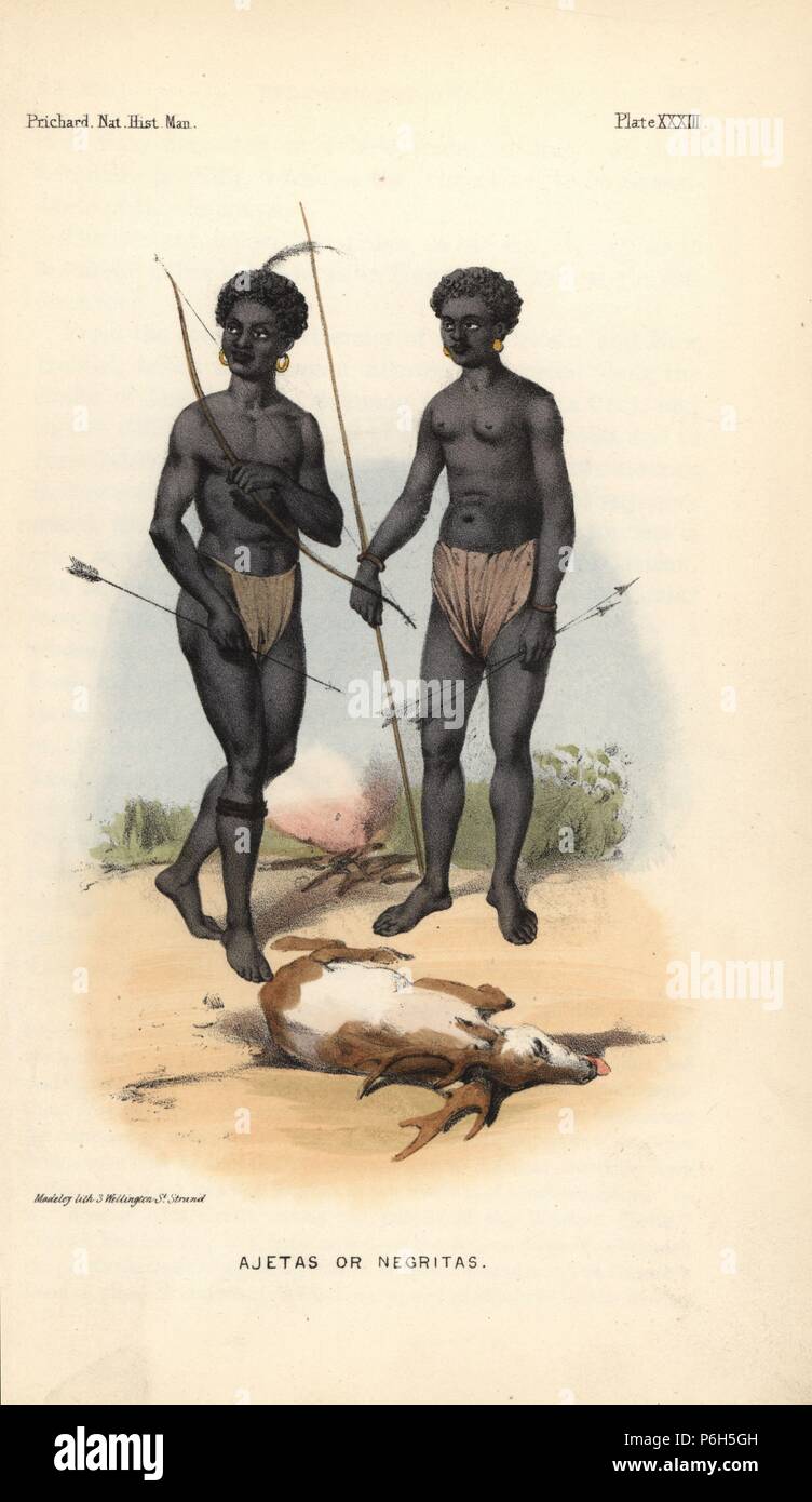 Ajetas or Negritos, male and female aborigines of Luzon, Philippines, in earrings, loincloth, holding bow and arrows, standing over the carcass of a deer. Taken from J. Mallat's 'Les Philippines' 1846Handcoloured lithograph by Madeley from James Cowles Prichard's Natural History of Man, Balliere, London, 1855. Stock Photo