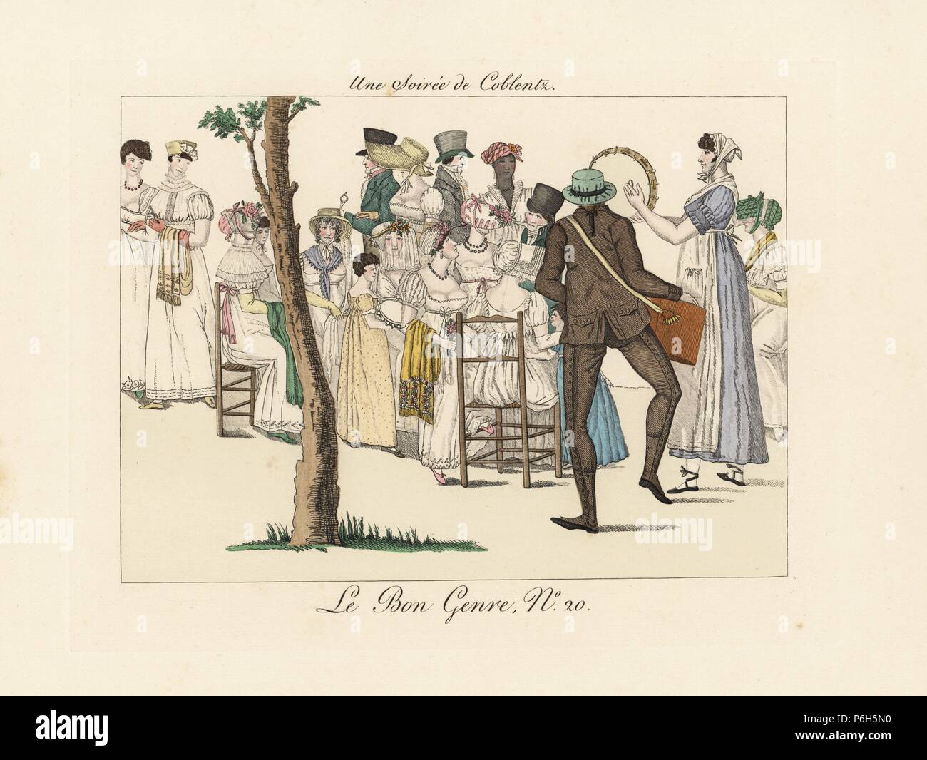 Evening party at Coblentz (between rue Taitbout and rue Neuve-Lepelletier, Paris). A group of women and children (including a black woman) sit listening to music from a hurdygurdy man and woman with tambourine. 'In 1791-1792, the previously unfashionable Boulevard des Italians became the favorite promenade for the royalist partisans. To be seen there was a public profession of aristocracy, an enlistment in the army of the princes, an espousal of the interests and opinions of the French refugees in Koblentz. After 1795, it became the fashionable place for incroyables, merveilleuses, and muscadi Stock Photo