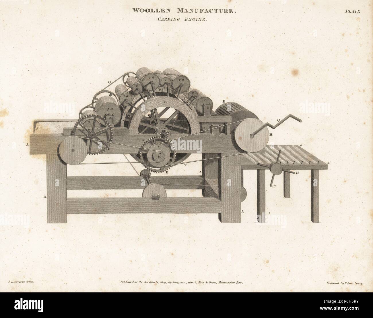 Carding engine used for wool manufacture, 18th century. Copperplate engraving by Wilson Lowry from Abraham Rees' 'Cyclopedia or Universal Dictionary,' London, 1809. Stock Photo