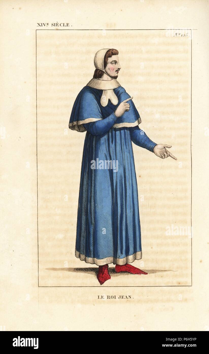 Jean le Bon, John II, King of France, 1319-1364. He wears a simple blue robe lined with fur, white skullcap, red shoes. From a portrait in Sainte-Chapelle, Paris. Handcoloured copperplate drawn and engraved by Leopold Massard from 'French Costumes from King Clovis to Our Days,' Massard, Mifliez, Paris, 1834. Stock Photo