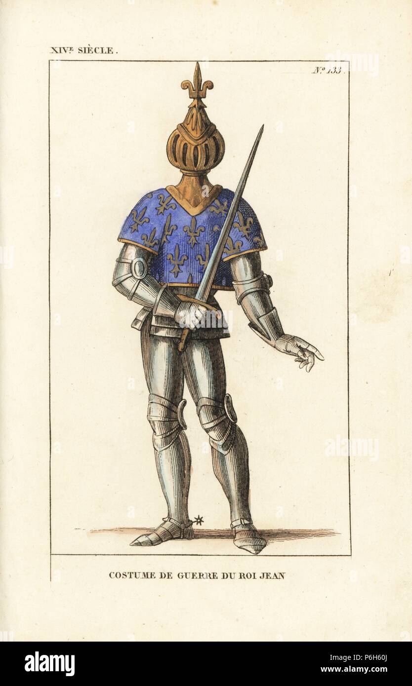 Jean le Bon, John II, King of France, battle armour, 1319-1364. He wears a bizarre spherical helmet topped with a fleur de lys, short tunic with coat of arms, and suit of armour in steel plate. From a print in the Gaignieres collection at the Bibliotheque du Roi. Handcoloured copperplate drawn and engraved by Leopold Massard from 'French Costumes from King Clovis to Our Days,' Massard, Mifliez, Paris, 1834. Stock Photo
