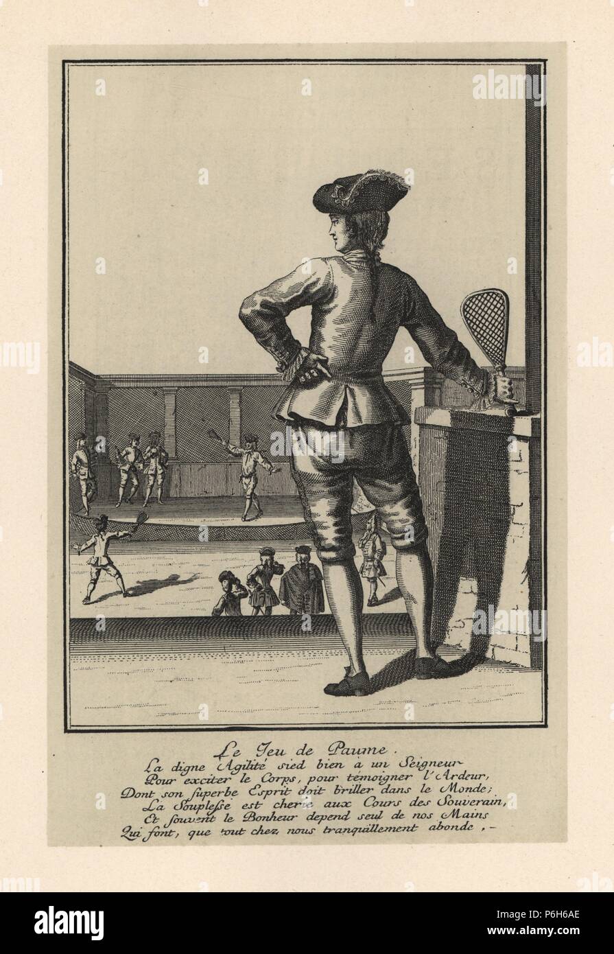 The game of paume (real tennis), 18th century. A man with racquet watches  other nobles playing real tennis over a net in a courtyard. Lithograph from  Henry Rene Allemagne's Sports and Games