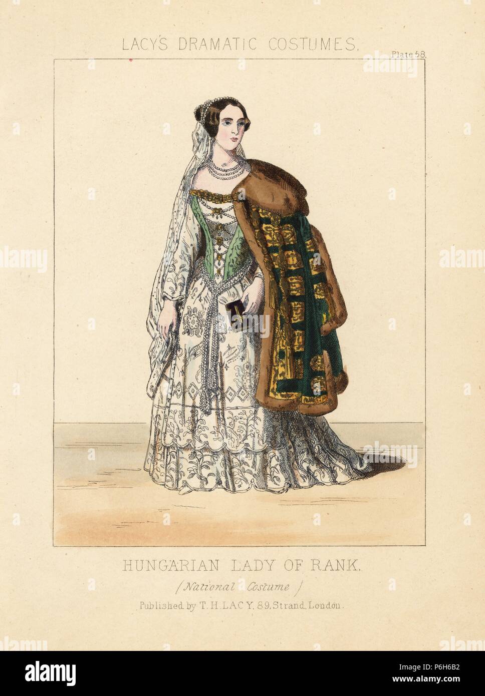 Hungarian lady of rank in national costume, 19th century. Handcoloured lithograph from Thomas Hailes Lacy's 'Female Costumes Historical, National and Dramatic in 200 Plates,' London, 1865. Lacy (1809-1873) was a British actor, playwright, theatrical manager and publisher. Stock Photo