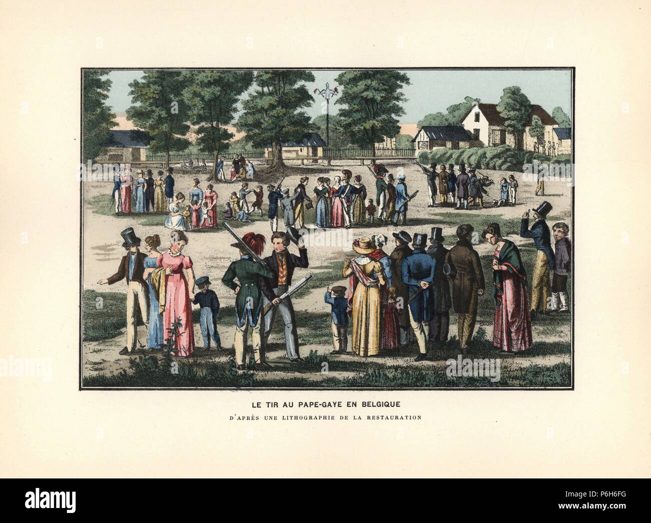 The game of Popinjay in Belgium, 19th century. Men with muskets shoot at a target in a park. Handcoloured lithograph from Henry Rene Allemagne's Sports and Games of Skill (Sports et Jeux d'Adresse), Librairie Hachette, Paris, 1903. Stock Photo