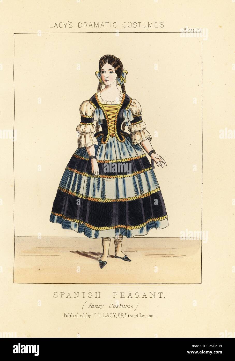 Spanish peasant, fancy costume, 19th century. Handcoloured lithograph from Thomas Hailes Lacy's 'Female Costumes Historical, National and Dramatic in 200 Plates,' London, 1865. Lacy (1809-1873) was a British actor, playwright, theatrical manager and publisher. Stock Photo