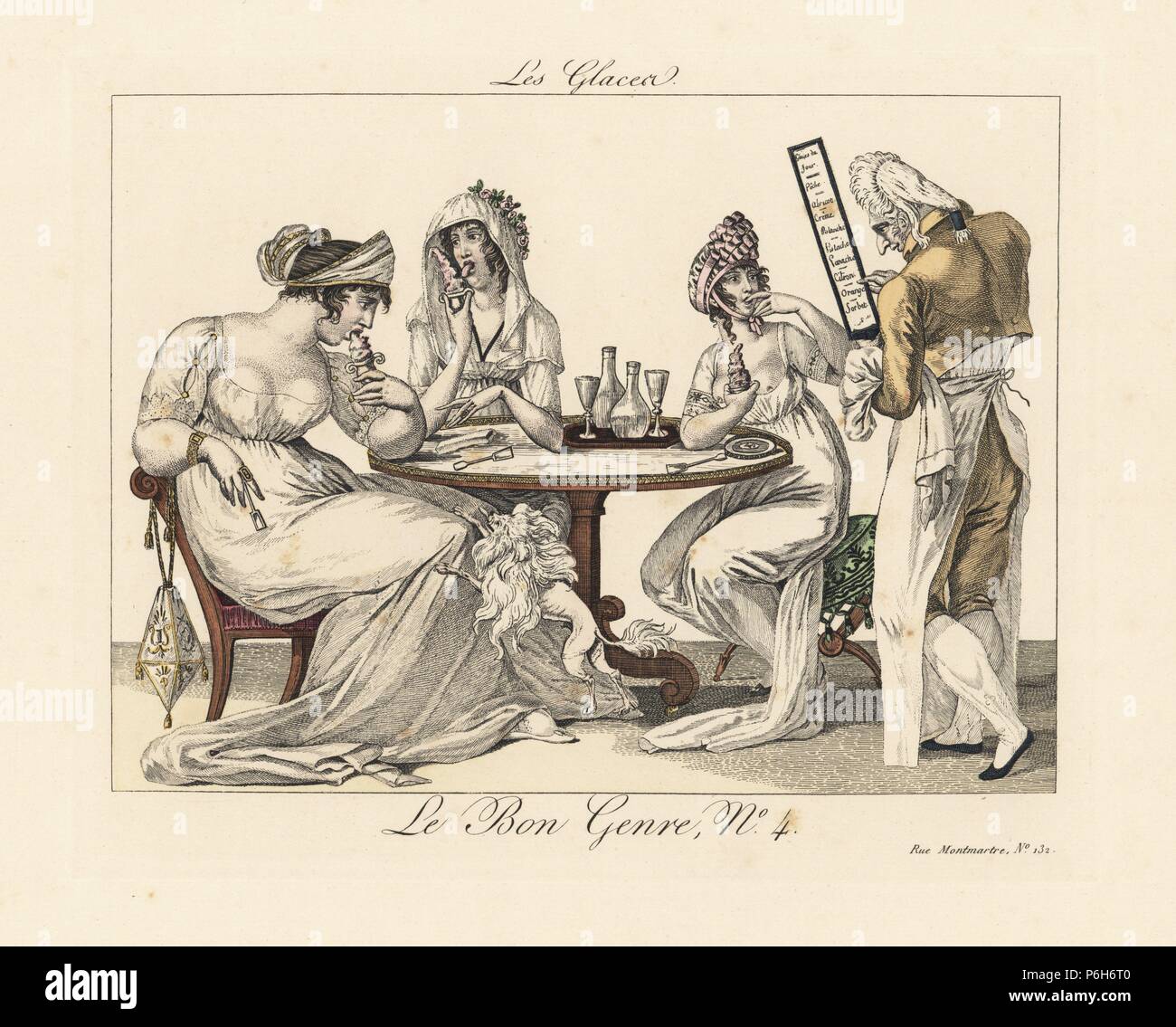Fashionable women or merveilleuses eating ice cream with their dogs at a cafe, circa 1800. The menu includes lemon, orange, pistachio, and creme blanche. 'Parisiennes are the most graceful of women, even when eating greedily.' Handcoloured engraving from Pierre de la Mesangere's Le Bon Genre, Paris, 1817. Stock Photo