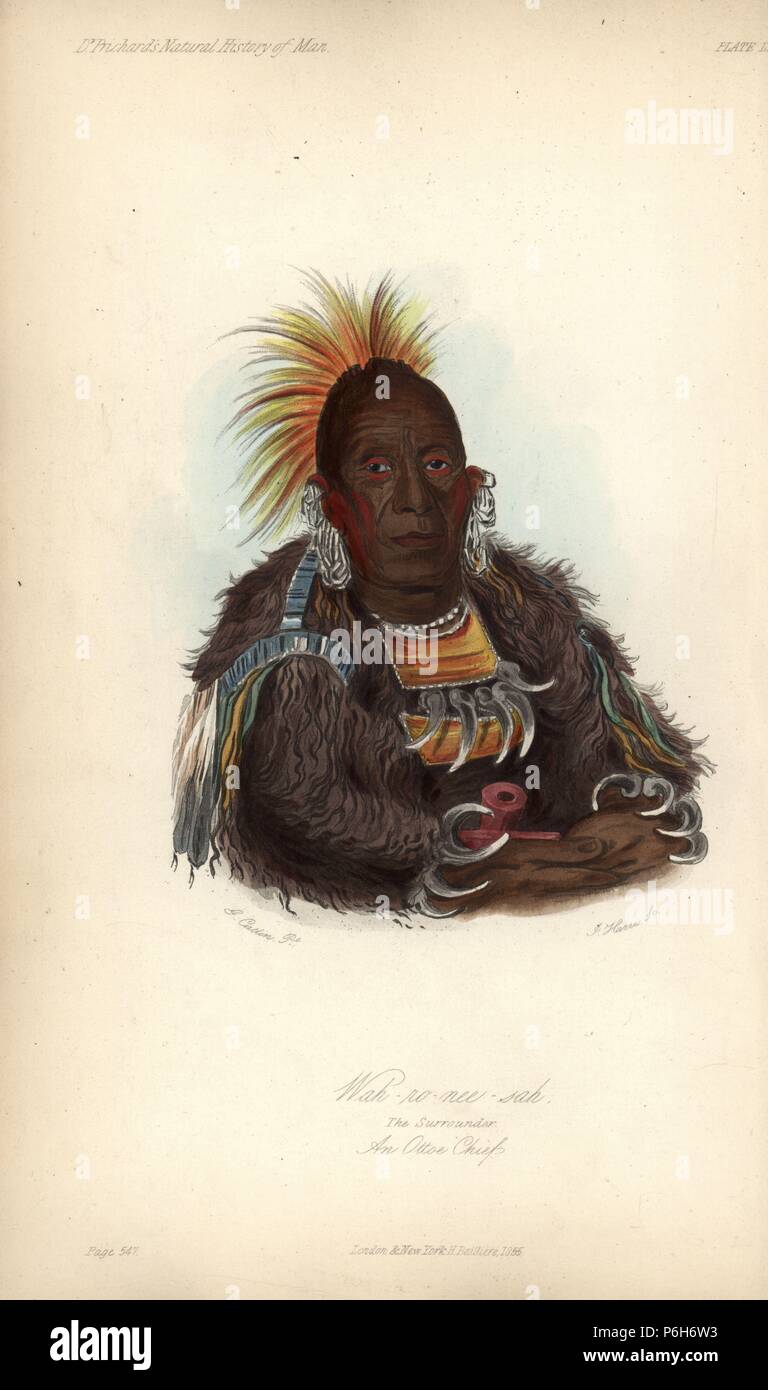 The Surrounder, Wah-no-nee-sah, an Otoe chief. His shirt is the skin of a grizzly bear with the claws on. Lithograph by J. Harris after a painting by George Catlin. Handcoloured lithograph by J. Bull from James Cowles Prichard's Natural History of Man, Balliere, London, 1855. Stock Photo