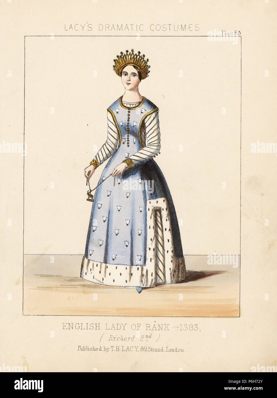 English lady of rank, 1383, reign of Richard II. She carries the king’s badge or cognizance, a white hart with a crown of gold on its neck. Her ermine-trimmed dress is sky blue with white embroidered lilies, part of the king’s crest. Taken from 'Costumes of British Ladies from the Time of William the First to the Reign of Queen Victoria,” London, 1840. Handcoloured lithograph from Thomas Hailes Lacy's 'Female Costumes Historical, National and Dramatic in 200 Plates,' London, 1865. Lacy (1809-1873) was a British actor, playwright, theatrical manager and publisher. Stock Photo