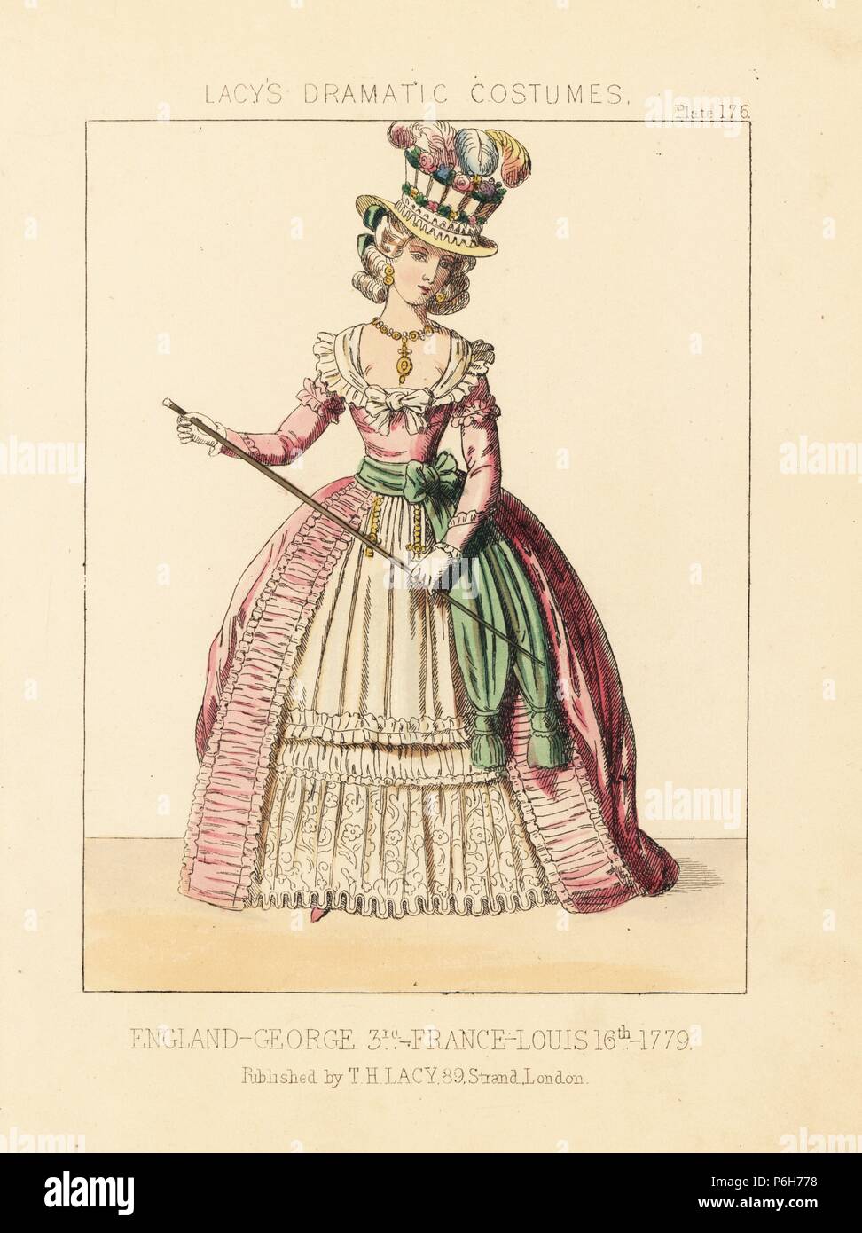 Costume of a lady, reign of George III, Louis XVI, 1779. She wears