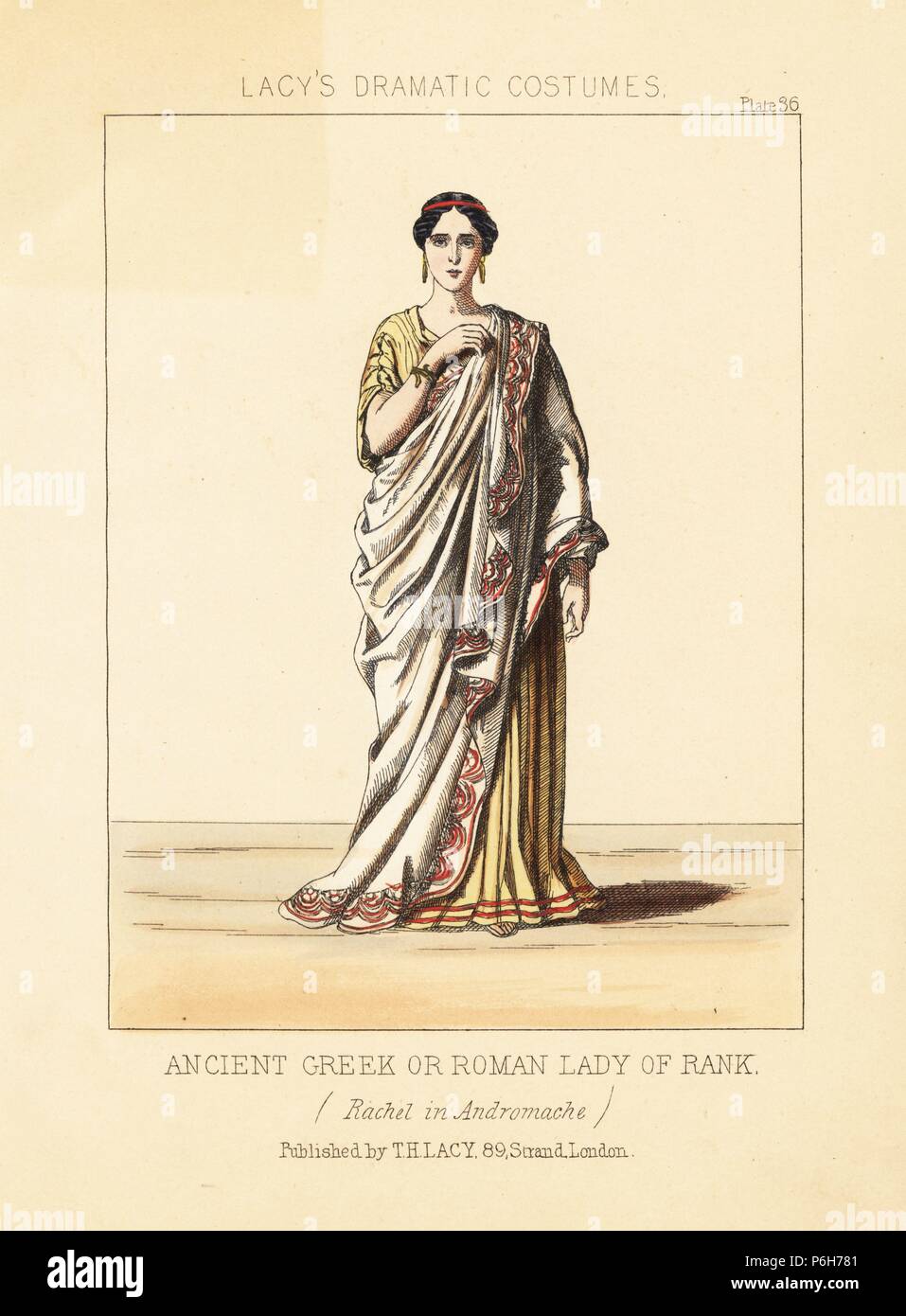 French classical actress Mademoiselle Rachel or Elisabeth Rachel Felix in Jean Racine's 'Andromaque,' 1849, ancient Greek or Roman lady of rank. Handcoloured lithograph from Thomas Hailes Lacy's 'Female Costumes Historical, National and Dramatic in 200 Plates,' London, 1865. Lacy (1809-1873) was a British actor, playwright, theatrical manager and publisher. Stock Photo