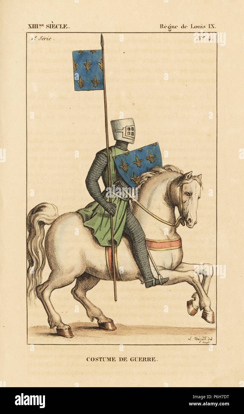 Louis IX, King of France, in military costume mounted on a white horse  (symbol of sovereignty). He wears a helm with grill, suit of iron  chainmail, sleeveless tunic and spurs. He holds
