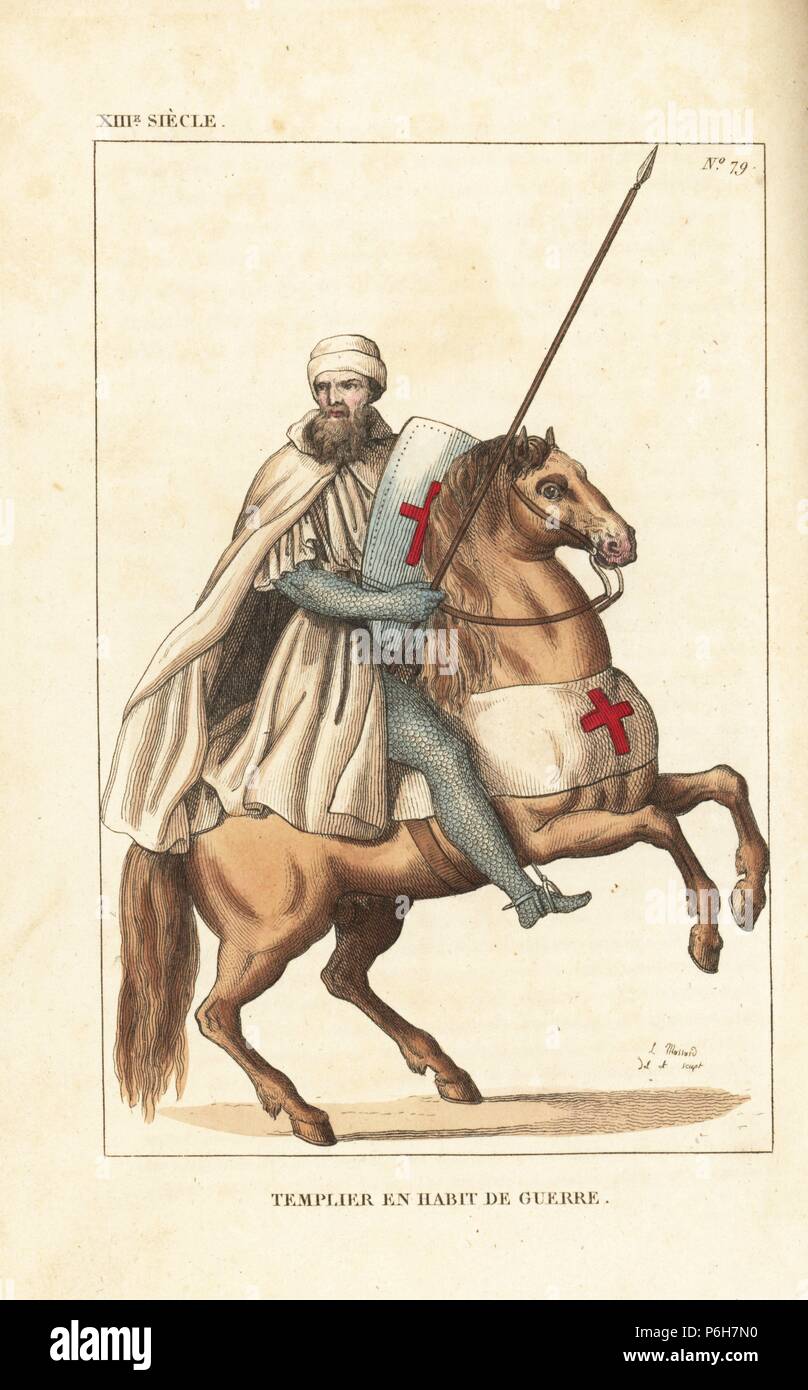 Knight Templar in combat uniform, 13th century. He wears a white bonnet, hooded cape (showing elite rank) and tunic over chainmail suit of armour. He carries a lance and buckler with red cross, given to the order by Pope Eugene III in 1146. Handcoloured copperplate drawn and engraved by Leopold Massard from 'French Costumes from King Clovis to Our Days,' Massard, Mifliez, Paris, 1834. Stock Photo