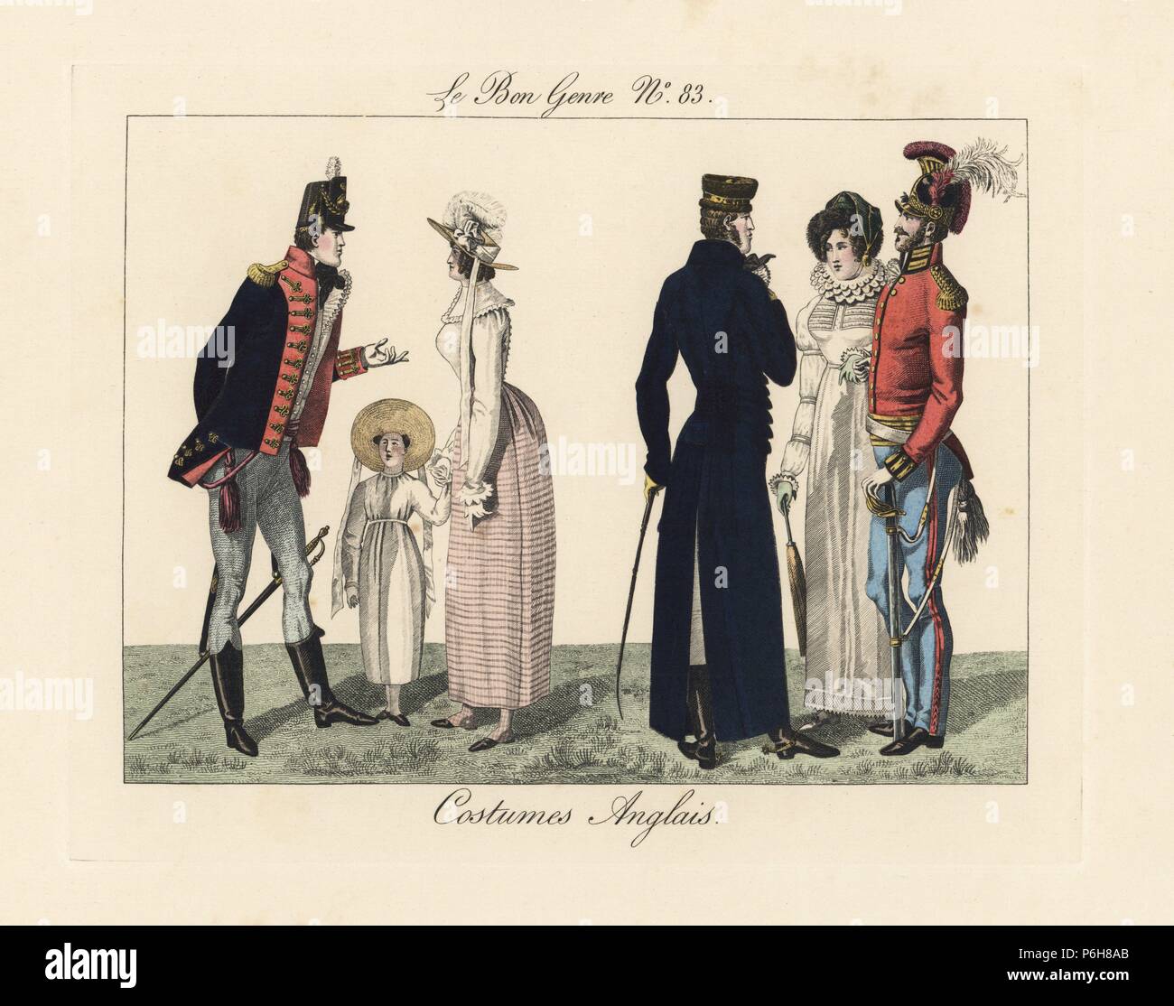 English fashions and military uniforms, 1815. One woman on the right wears French-influenced fashions, while talking with a hussar and dragoon. Handcoloured engraving from Pierre de la Mesangere's Le Bon Genre, Paris, 1817. Stock Photo