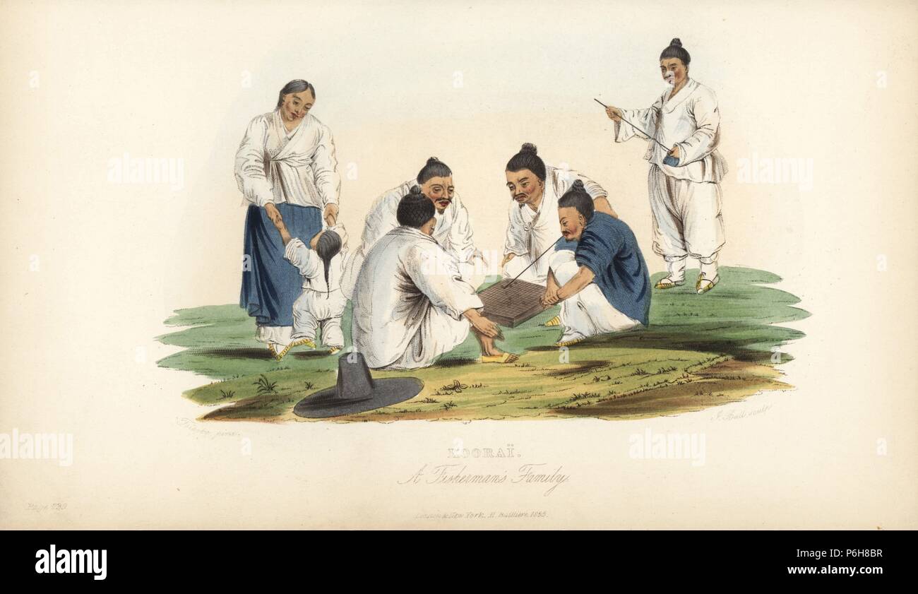 A Korean fisherman's family smoking pipes and playing go, Asian board game. Illustration by Toioske. Handcoloured lithograph by J. Bull from James Cowles Prichard's Natural History of Man, Balliere, London, 1855. Stock Photo