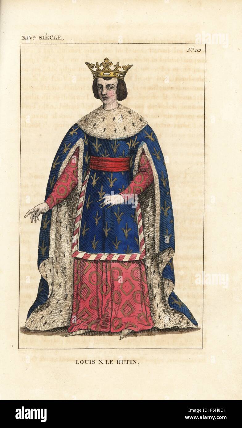 Louis X the Quarreller, King of France, 1289-1316. He wears ceremonial robes:  a gold crown, full robe embroidered with gold fleurs de lys, lined with  ermine, over a robe of red damask