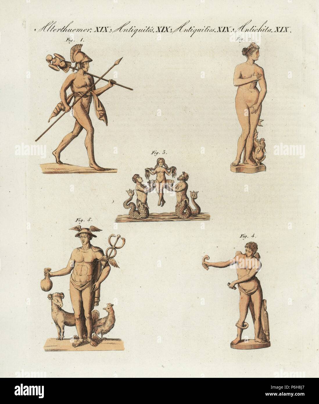 Greek and Roman gods: Mars 1, Venus 2,3, Eros 4, and Mercury 5. Handcoloured copperplate engraving from Bertuch's 'Bilderbuch fur Kinder' (Picture Book for Children), Weimar, 1805. Friedrich Johann Bertuch (1747-1822) was a German publisher and man of arts most famous for his 12-volume encyclopedia for children illustrated with 1,200 engraved plates on natural history, science, costume, mythology, etc., published from 1790-1830. Stock Photo