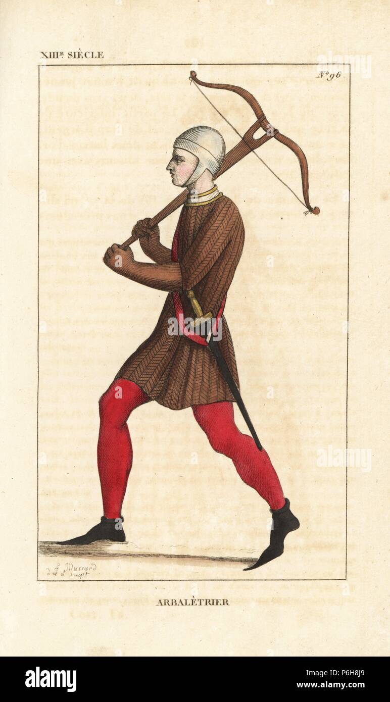 French crossbowman, 13th century. He wears a salade or sallet helmet, and a jaque (shirt) made of armoured deer skin (leather reinforced with wire). He carries a sword and crossbow, and wears long pointed shoes (cracows or poulaines). Handcoloured copperplate drawn and engraved by Leopold Massard from 'French Costumes from King Clovis to Our Days,' Massard, Mifliez, Paris, 1834. Stock Photo