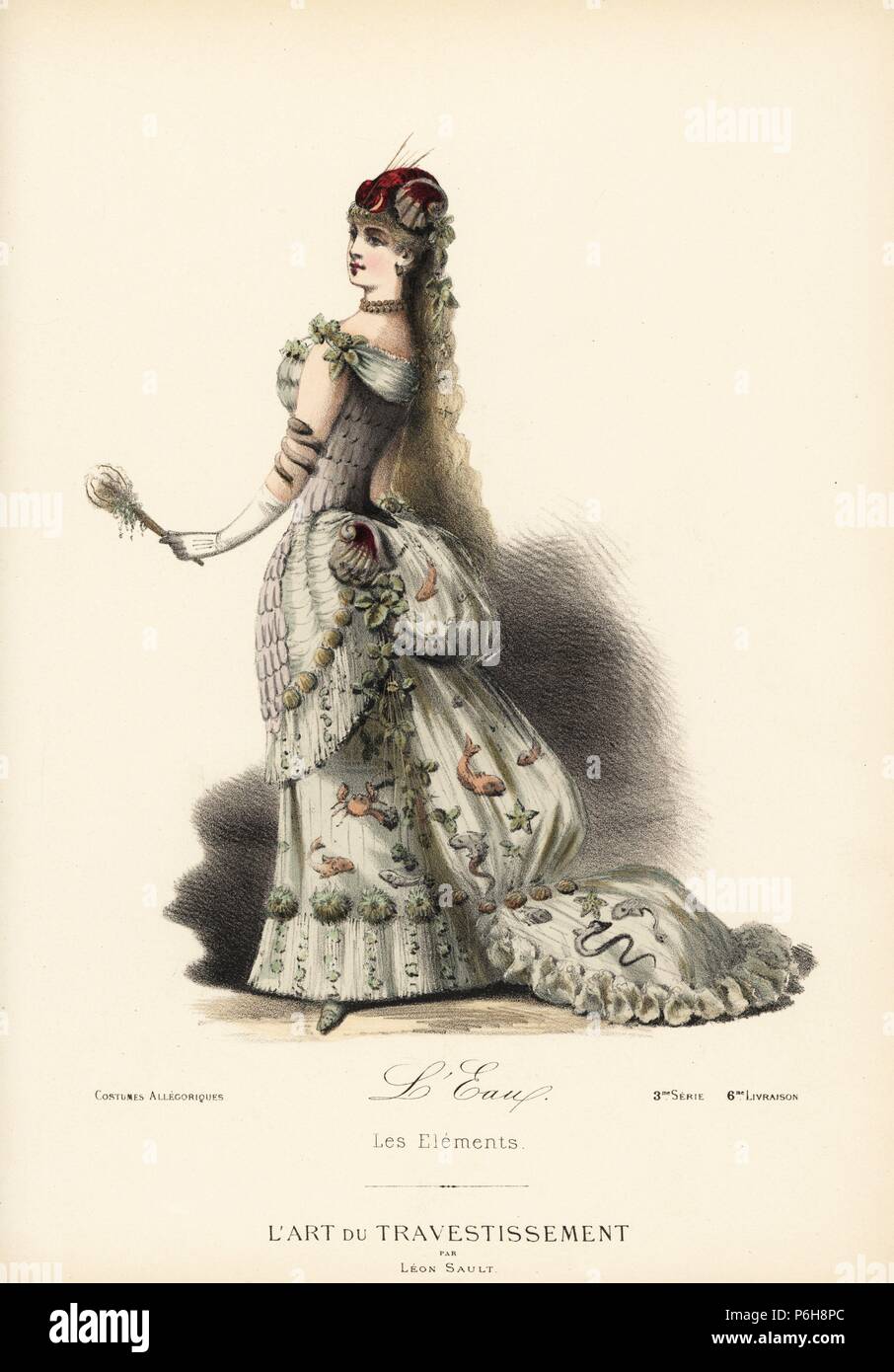 Fancy dress costume for the element Water, dress embroidered with fish and  shells, headdress with lobster and seaweed, bodice of scallops.  Handcoloured lithograph after a design by Leon Sault from \, image size:906x1390